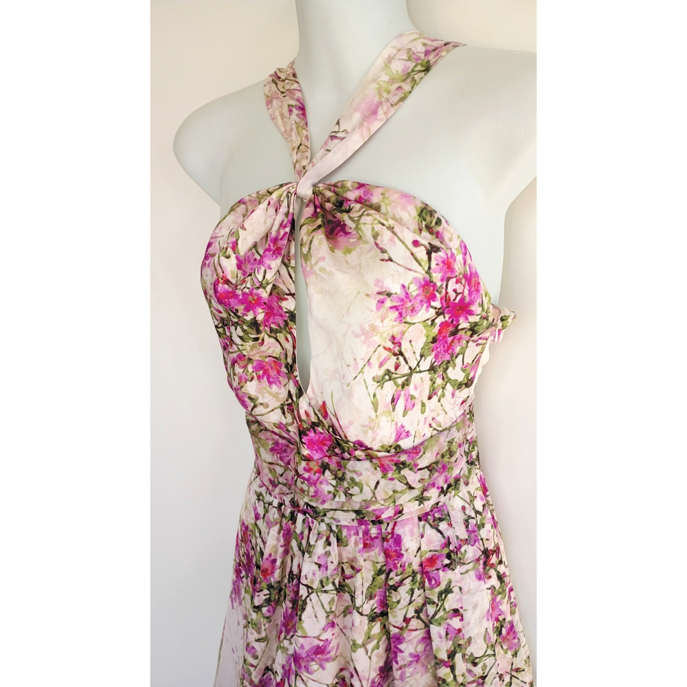 Vintage Bebe Y2K 100% Silk Watercolor Floral Halter Dress Pink White High Low XS - Picture 4 of 13